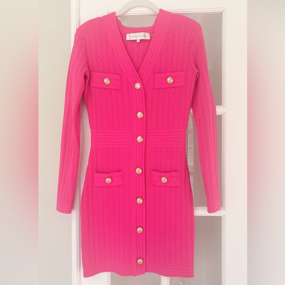 Endless Rose Hot Pink Knit Dress with Gold Accents - Picture 2 of 3